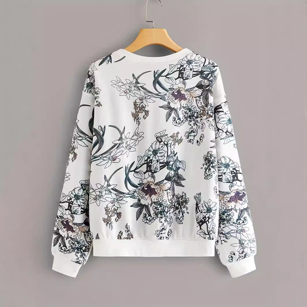 Round Neck Drop-Shoulder Floral Print Sweater