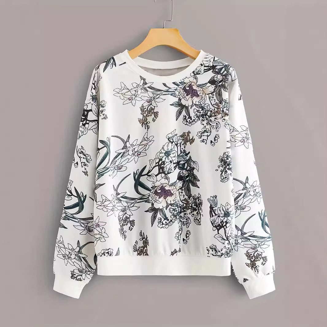 Round Neck Drop-Shoulder Floral Print Sweater