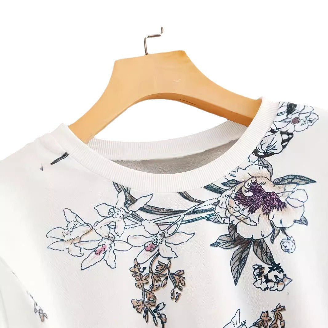 Round Neck Drop-Shoulder Floral Print Sweater