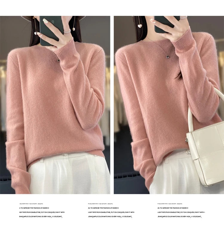 100% pure wool cashmere sweater women's O-neck pullover casual knit top autumn and winter women's coat Korean fashion