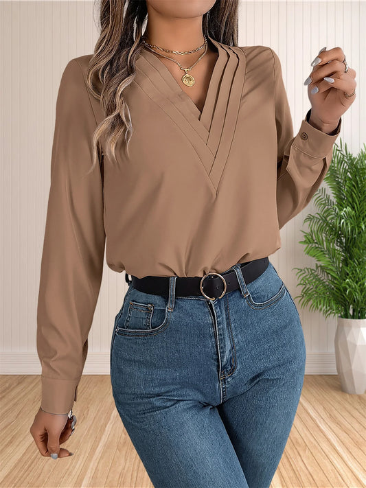 Women's Elegant Business Office Blouse Layered V Neck Long Sleeve 2024 Dressy Shirts Work Tops