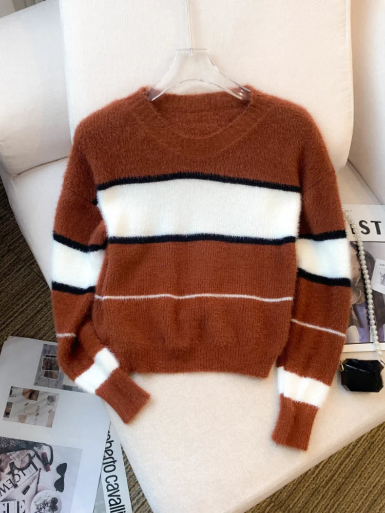 2024 New Winter Color Block Crew Neck Pullover Sweater,Crop Top Casual Long Sleeve Drop Shoulder Sweater Women's Clothing