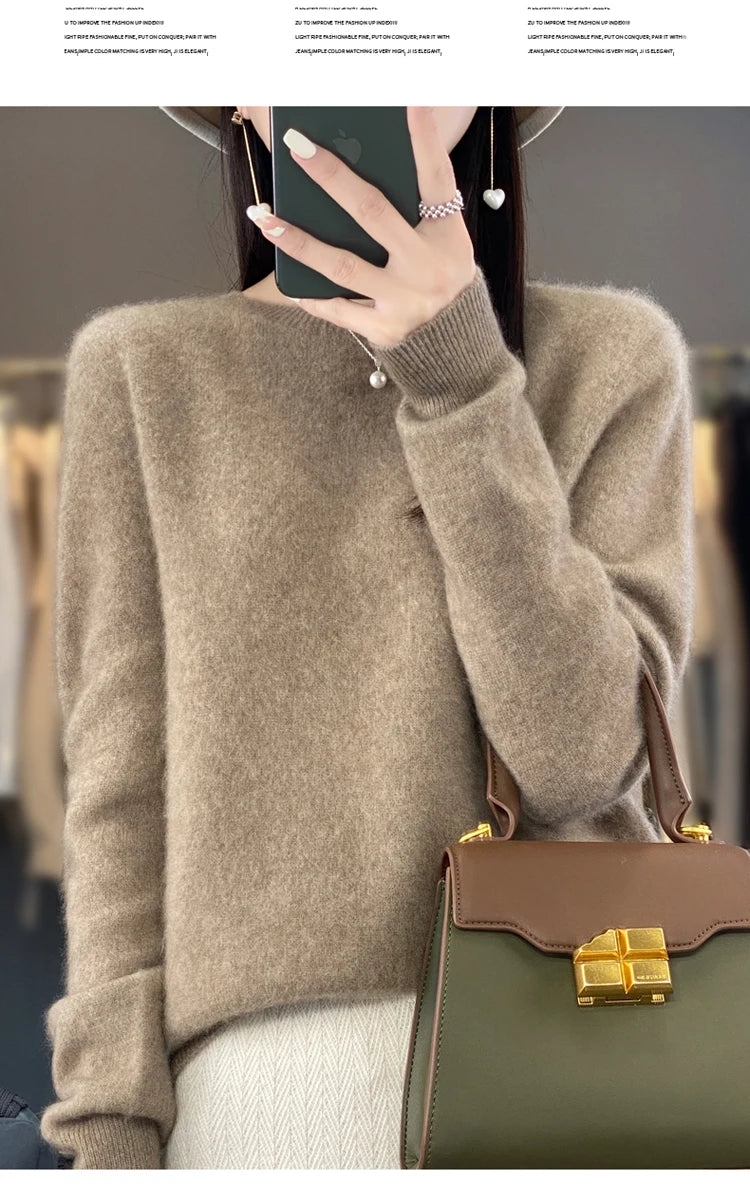 100% pure wool cashmere sweater women's O-neck pullover casual knit top autumn and winter women's coat Korean fashion