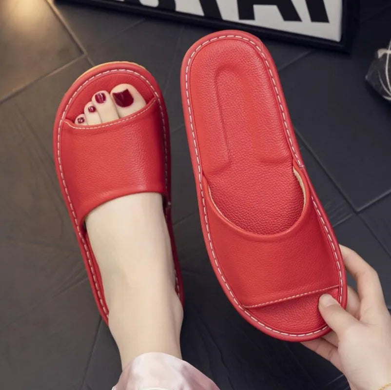 Genuine Leather Open-Toe Slippers