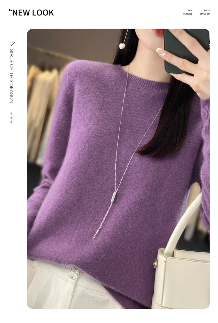 100% pure wool cashmere sweater women's O-neck pullover casual knit top autumn and winter women's coat Korean fashion