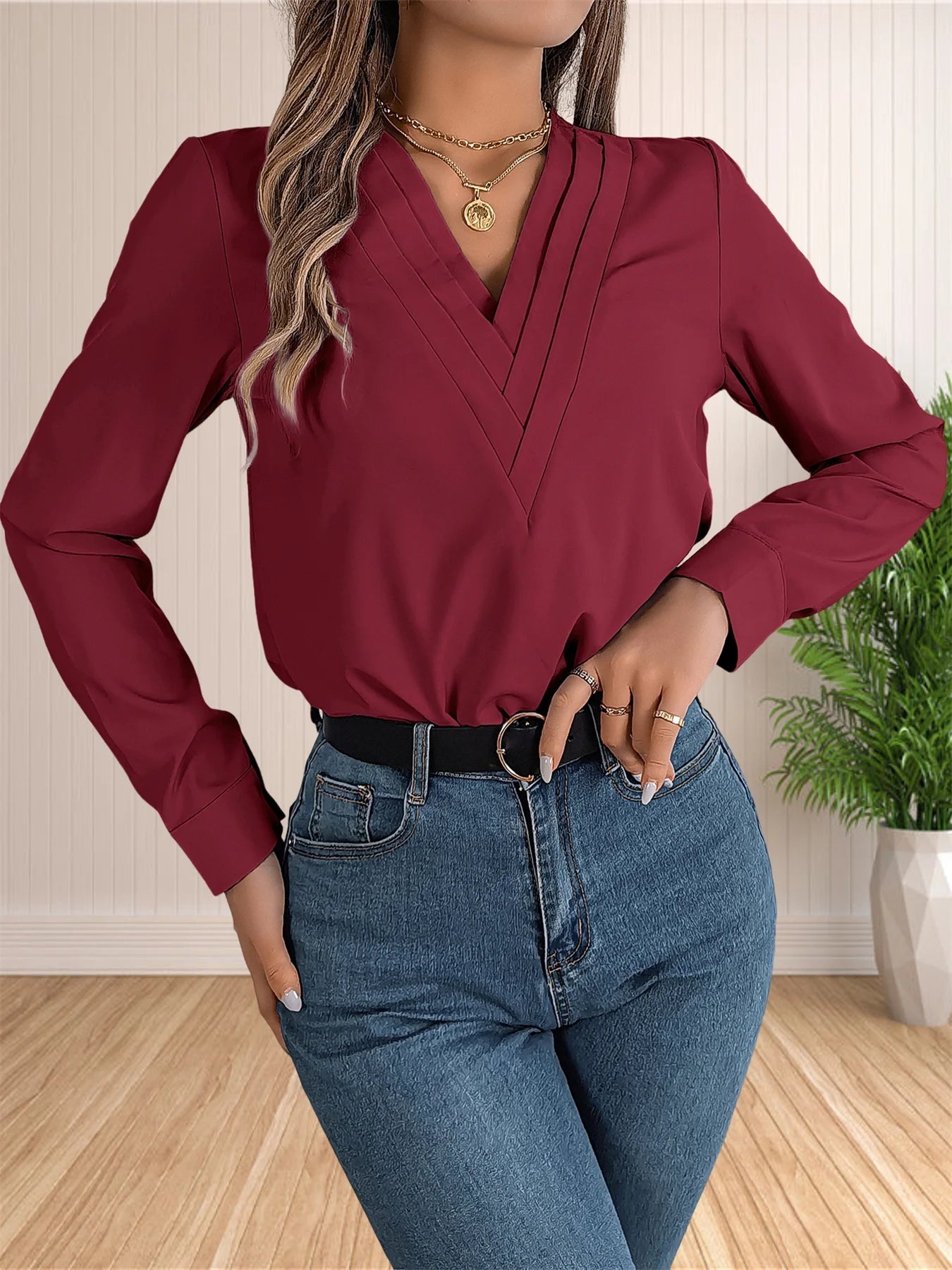 Women's Elegant Business Office Blouse Layered V Neck Long Sleeve 2024 Dressy Shirts Work Tops