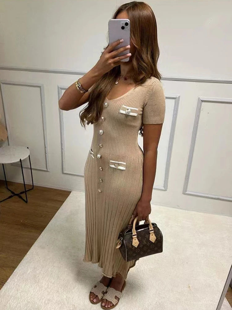 Office Lady Elegant Knitted Long Dress Summer Short Sleelve V Neck Single Breasted Bodycon Dresses Women Party Fashion Vestidos