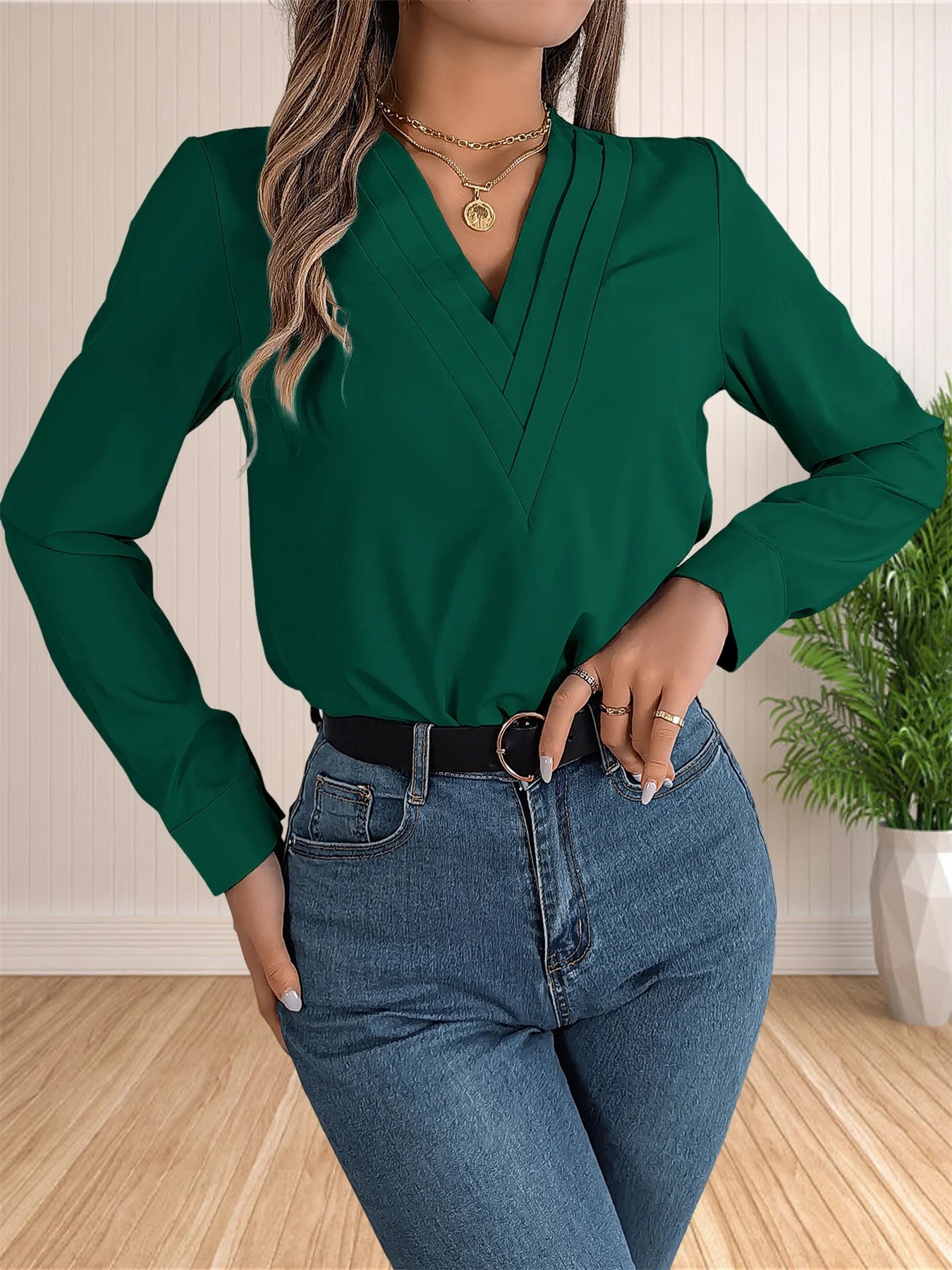 Women's Elegant Business Office Blouse Layered V Neck Long Sleeve 2024 Dressy Shirts Work Tops