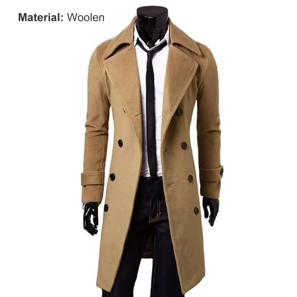 Simple Trench Coat  Double-breasted Male Men Coat  Coldproof Pure Color Jacket