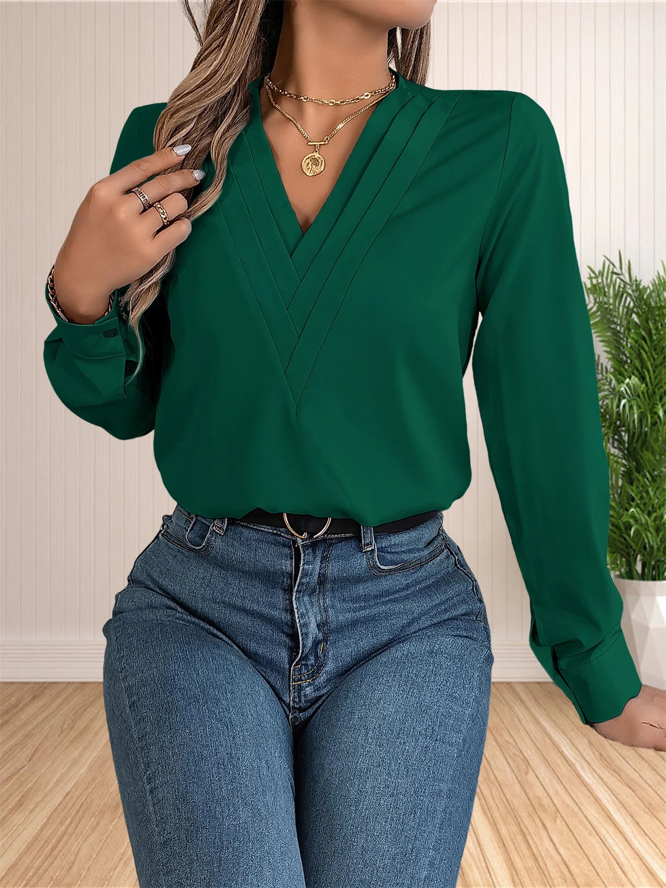 Women's Elegant Business Office Blouse Layered V Neck Long Sleeve 2024 Dressy Shirts Work Tops