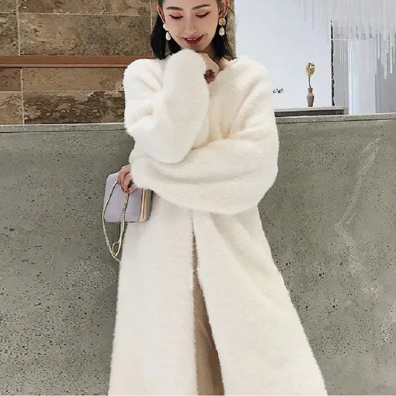 White Fluffy Long Cardigan