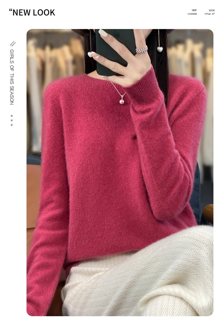 100% pure wool cashmere sweater women's O-neck pullover casual knit top autumn and winter women's coat Korean fashion