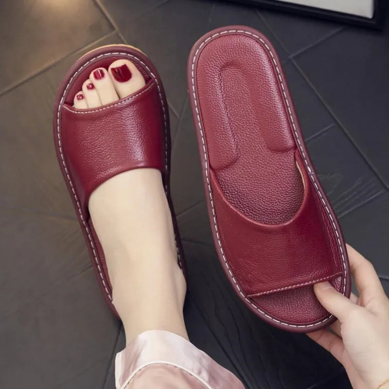 Genuine Leather Open-Toe Slippers