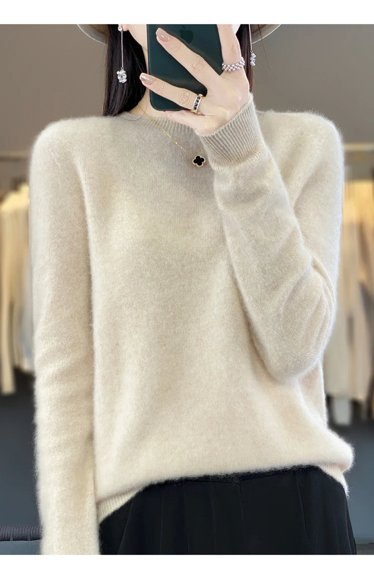 100% pure wool cashmere sweater women's O-neck pullover casual knit top autumn and winter women's coat Korean fashion