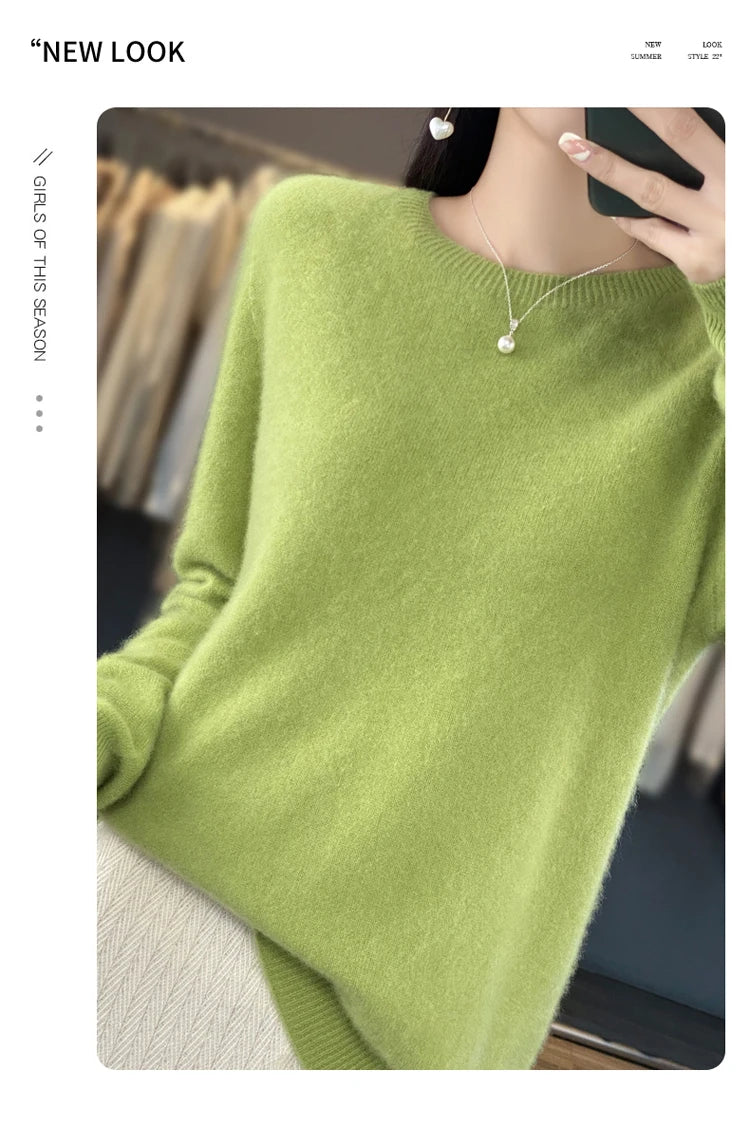 100% pure wool cashmere sweater women's O-neck pullover casual knit top autumn and winter women's coat Korean fashion