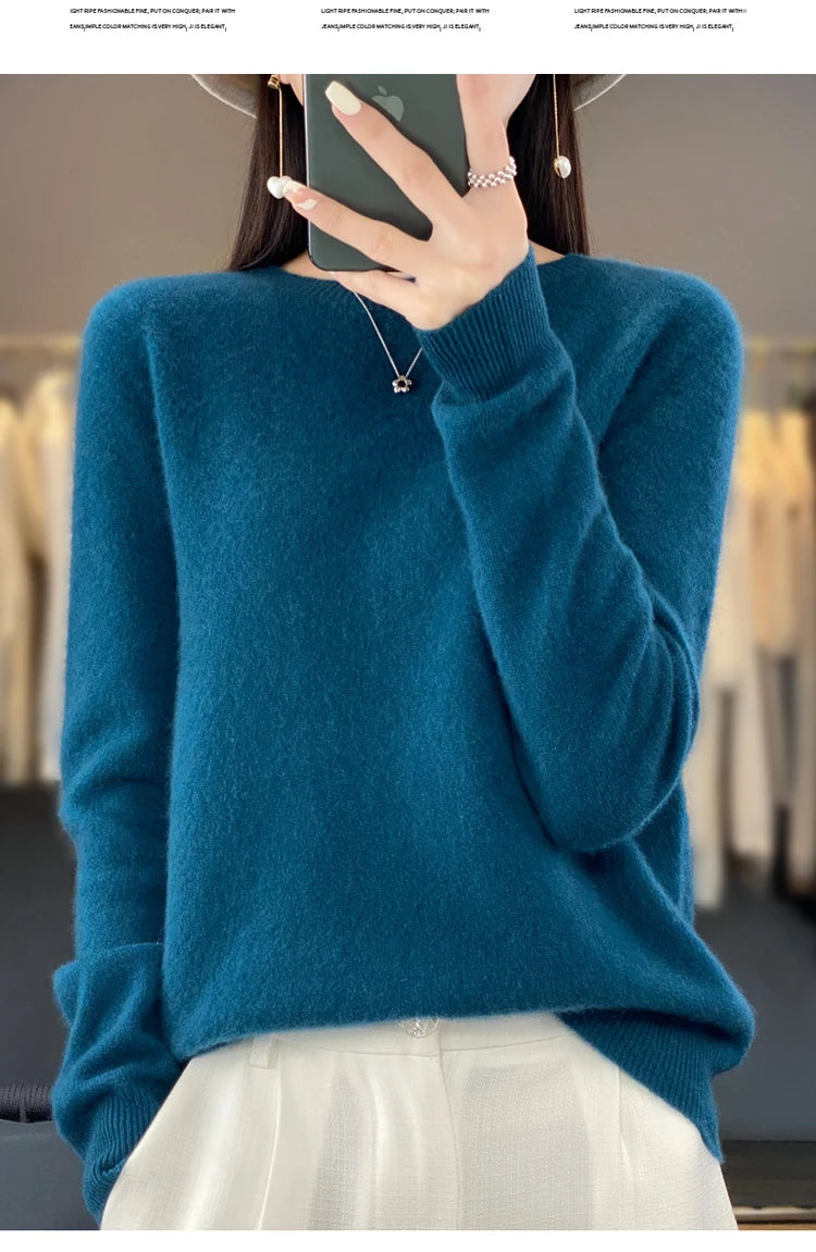 100% pure wool cashmere sweater women's O-neck pullover casual knit top autumn and winter women's coat Korean fashion