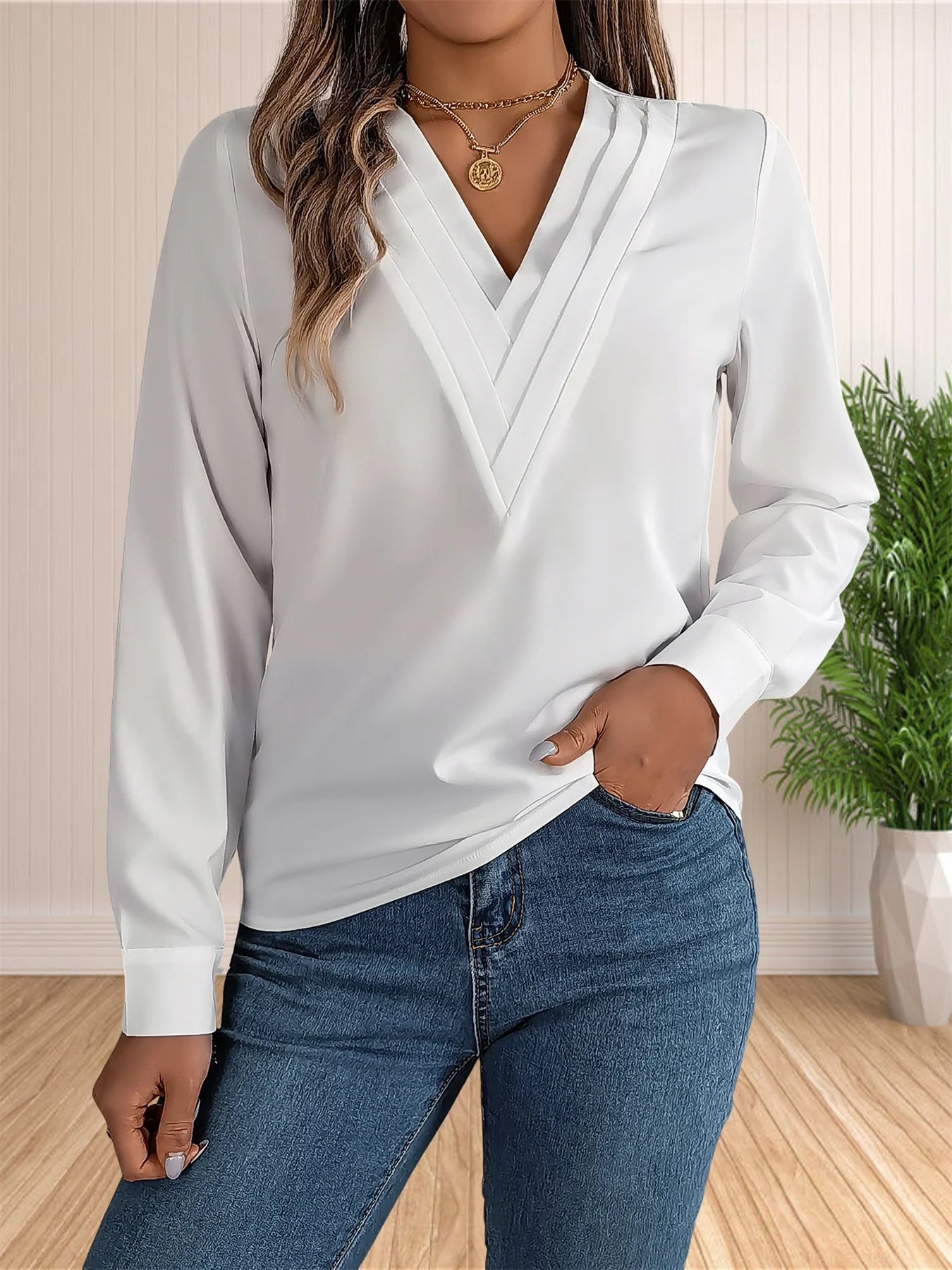 Women's Elegant Business Office Blouse Layered V Neck Long Sleeve 2024 Dressy Shirts Work Tops