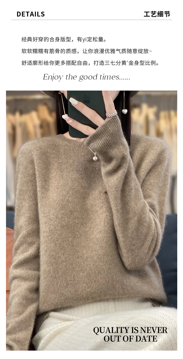 100% pure wool cashmere sweater women's O-neck pullover casual knit top autumn and winter women's coat Korean fashion