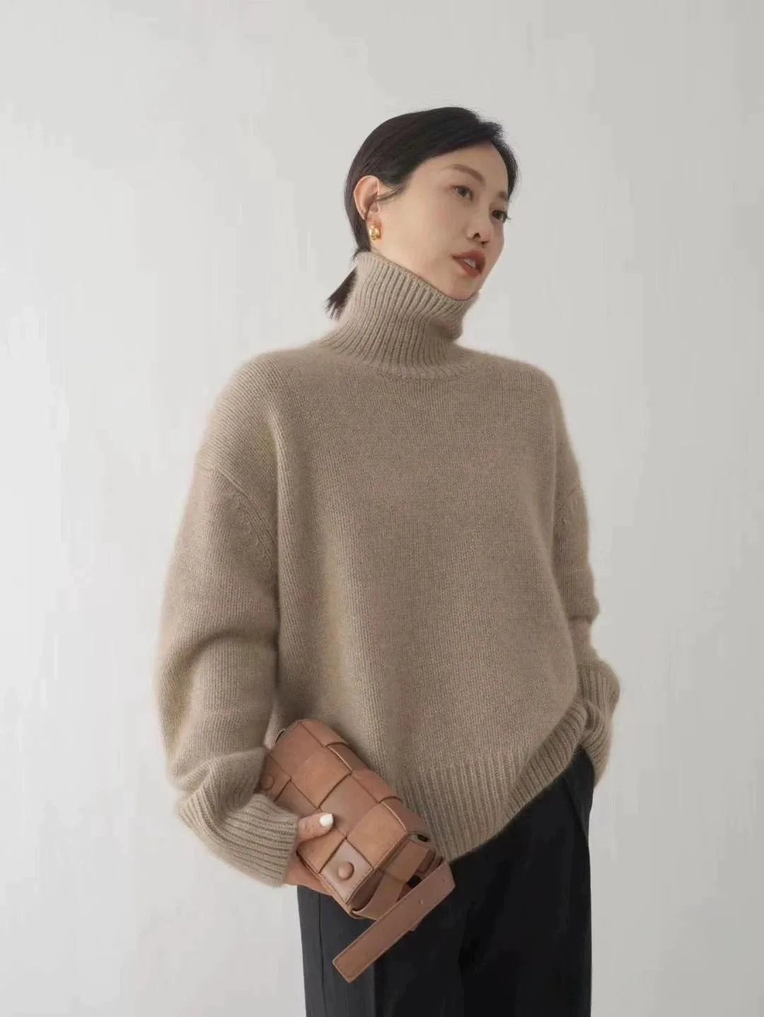 Turtleneck 100% pure cashmere women's loose sweater thickened autumn and winter wool sweater jumper lazy base