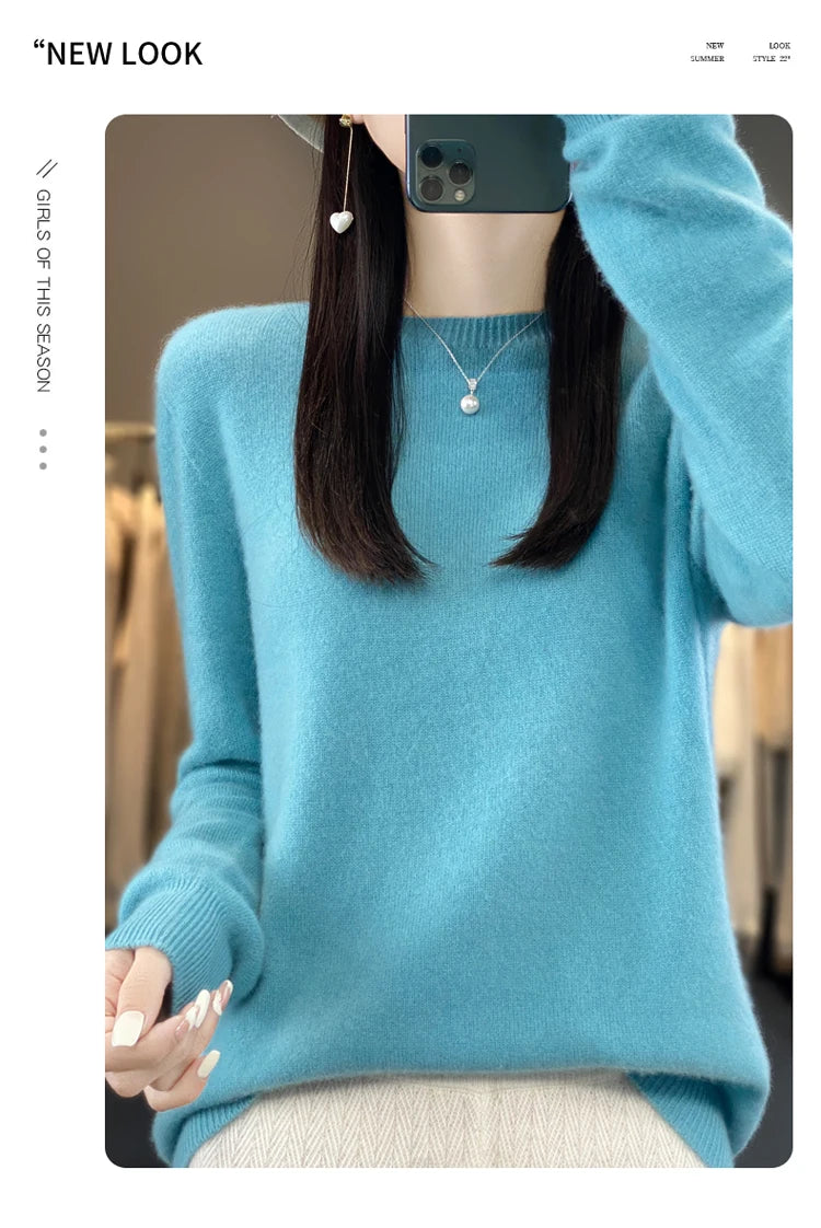 100% pure wool cashmere sweater women's O-neck pullover casual knit top autumn and winter women's coat Korean fashion