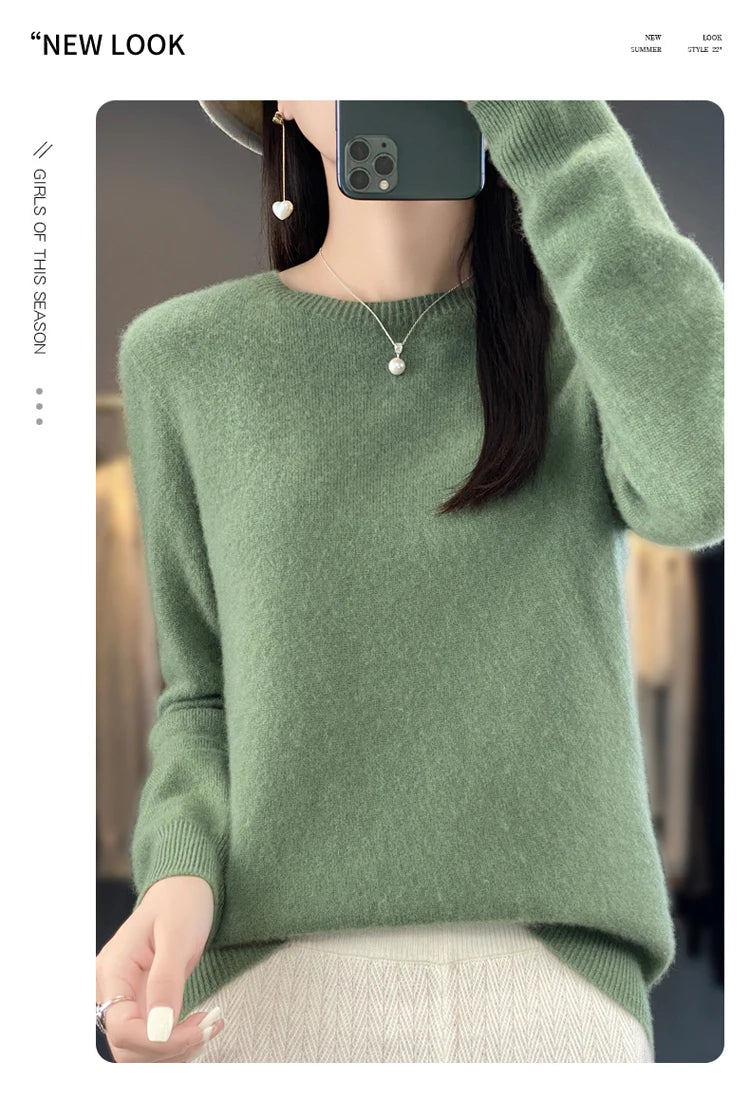 100% pure wool cashmere sweater women's O-neck pullover casual knit top autumn and winter women's coat Korean fashion