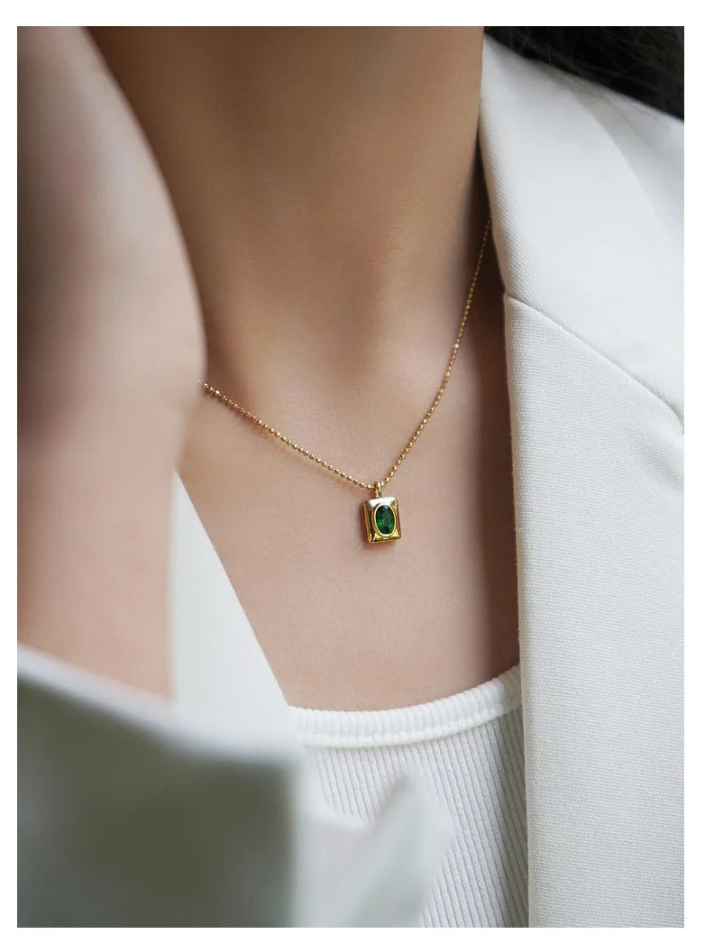 Gold-Plated Green Zircon Pendant Necklace