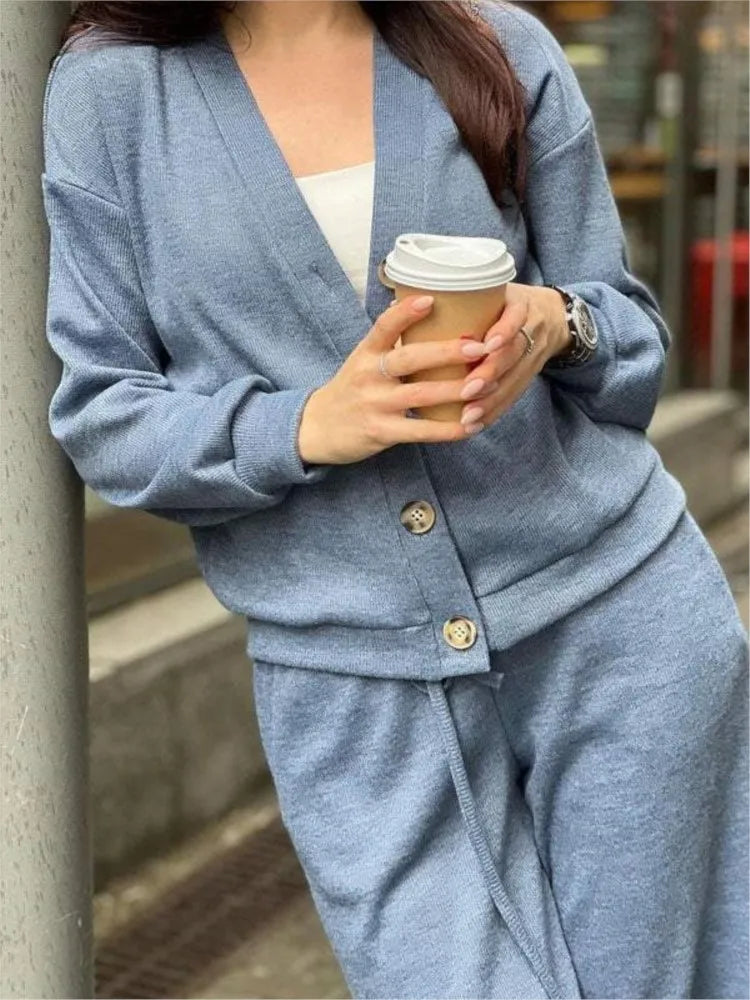 Autumn Winter Women's Clothing Fashion Single Breasted Casual Sports Suit Cardigan Top Lace Up Pants Two-piece Set Women