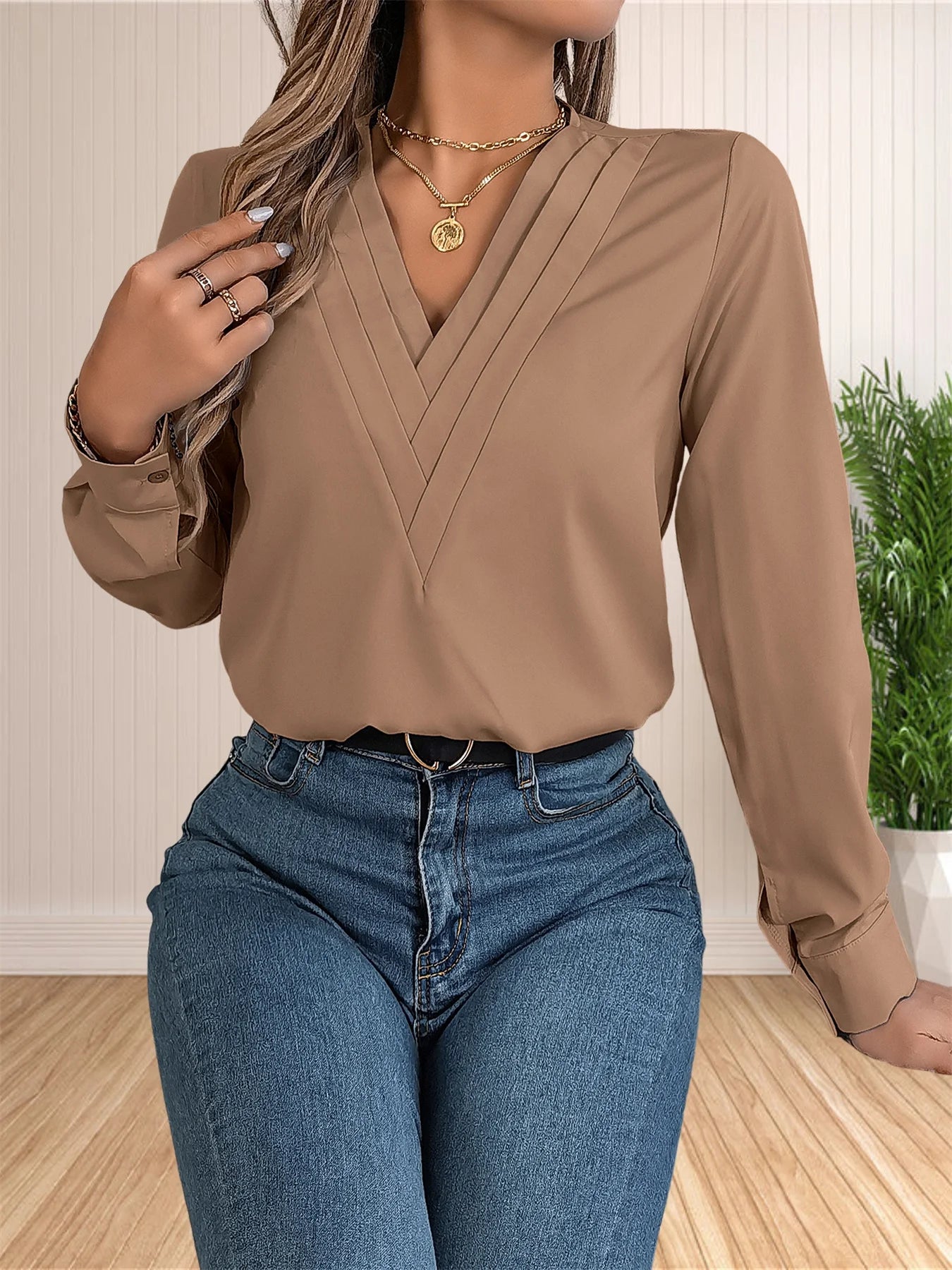 Women's Elegant Business Office Blouse Layered V Neck Long Sleeve 2024 Dressy Shirts Work Tops