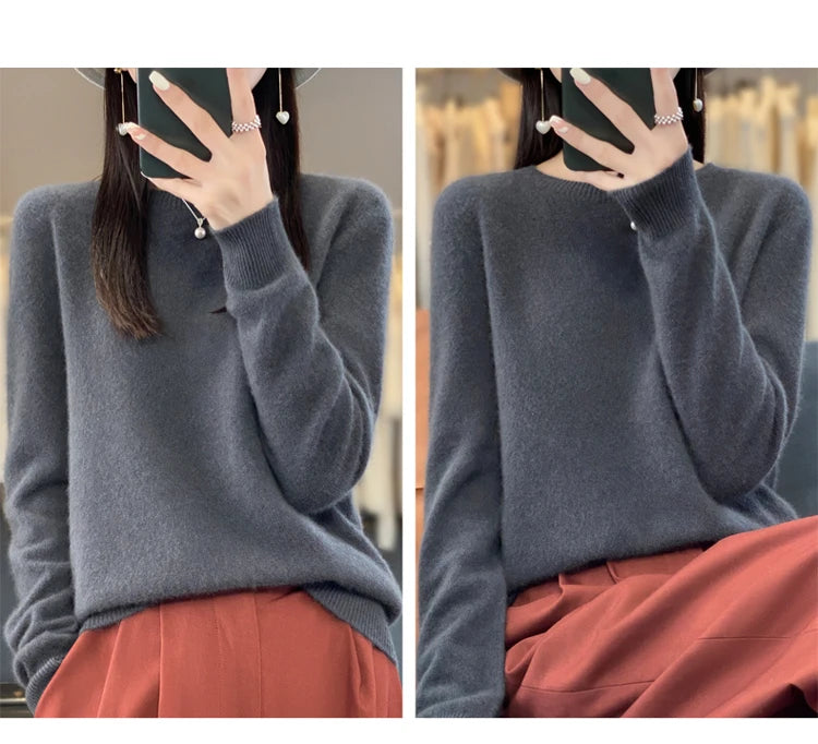 100% pure wool cashmere sweater women's O-neck pullover casual knit top autumn and winter women's coat Korean fashion