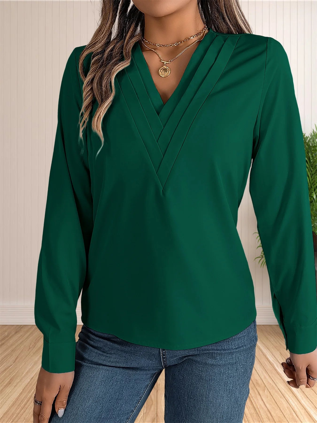 Women's Elegant Business Office Blouse Layered V Neck Long Sleeve 2024 Dressy Shirts Work Tops