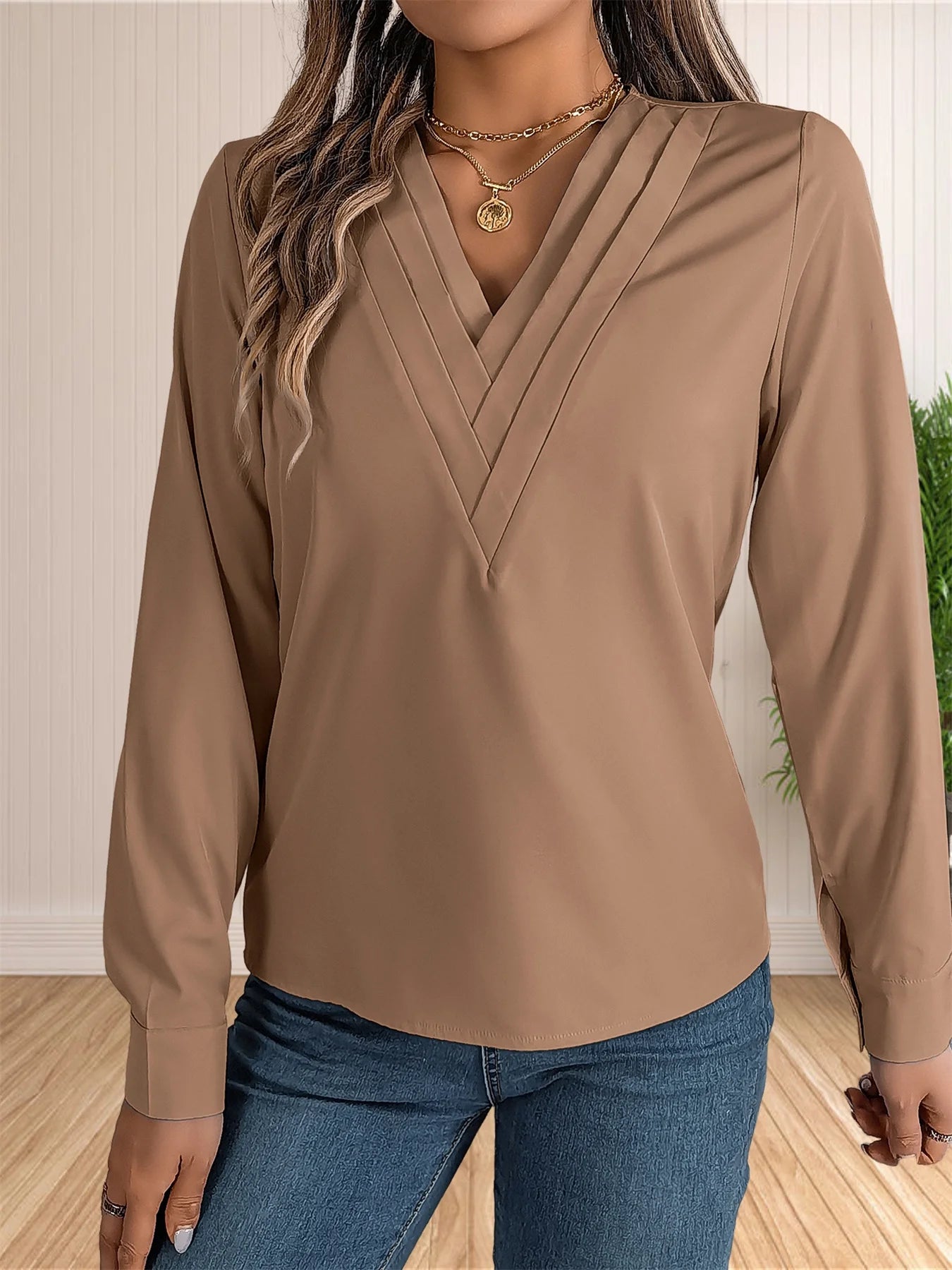 Women's Elegant Business Office Blouse Layered V Neck Long Sleeve 2024 Dressy Shirts Work Tops