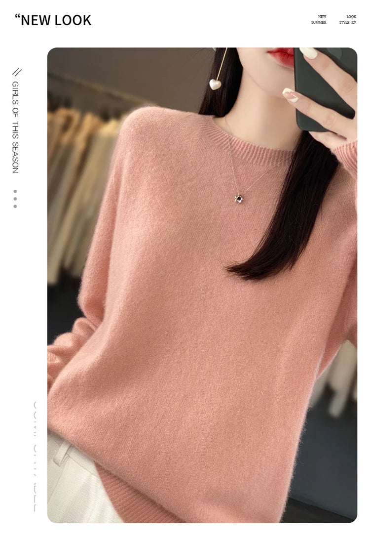 100% pure wool cashmere sweater women's O-neck pullover casual knit top autumn and winter women's coat Korean fashion