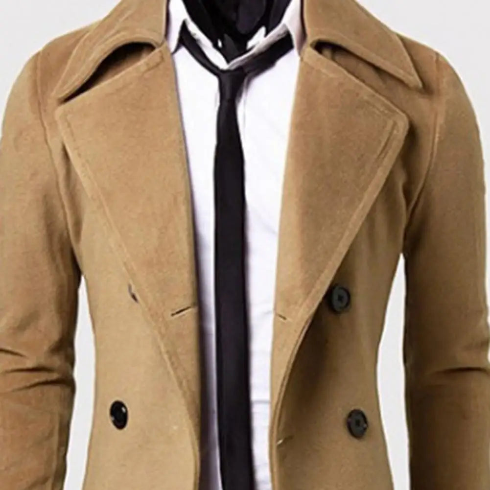 Simple Trench Coat  Double-breasted Male Men Coat  Coldproof Pure Color Jacket