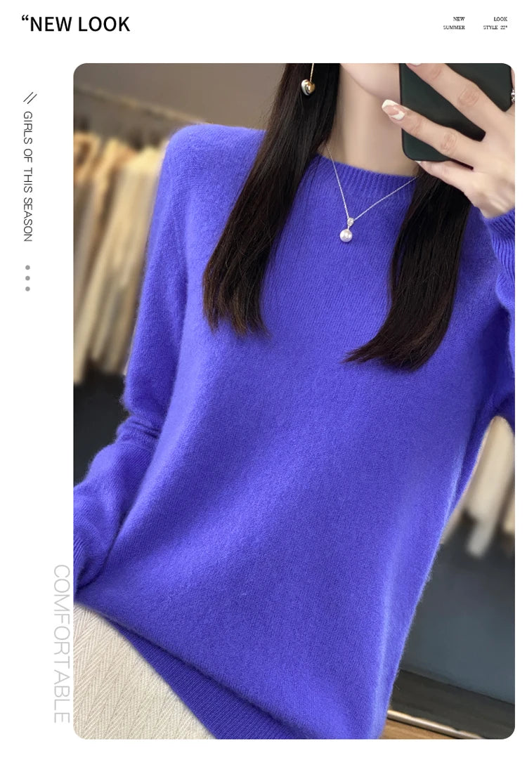 100% pure wool cashmere sweater women's O-neck pullover casual knit top autumn and winter women's coat Korean fashion