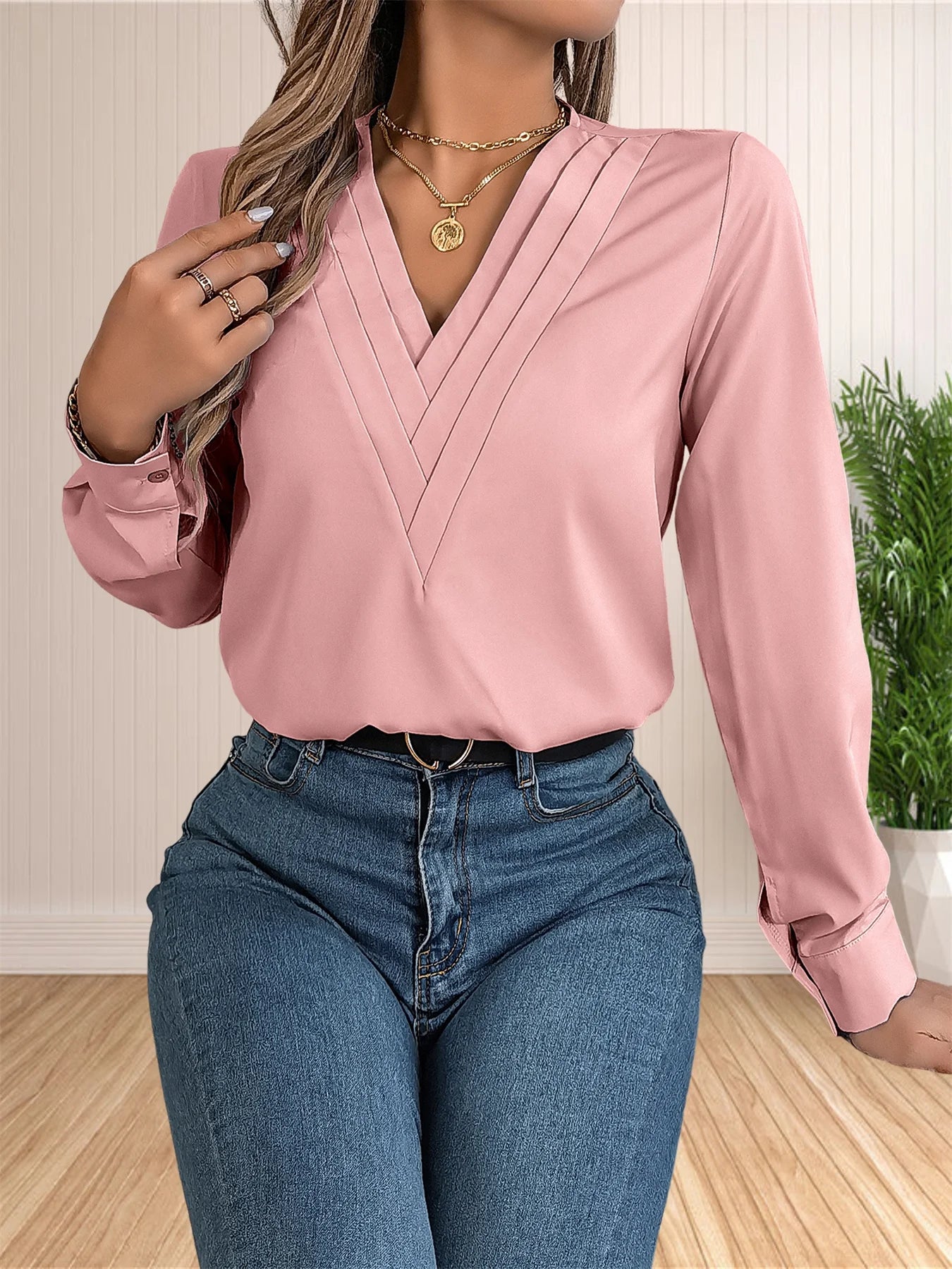 Women's Elegant Business Office Blouse Layered V Neck Long Sleeve 2024 Dressy Shirts Work Tops