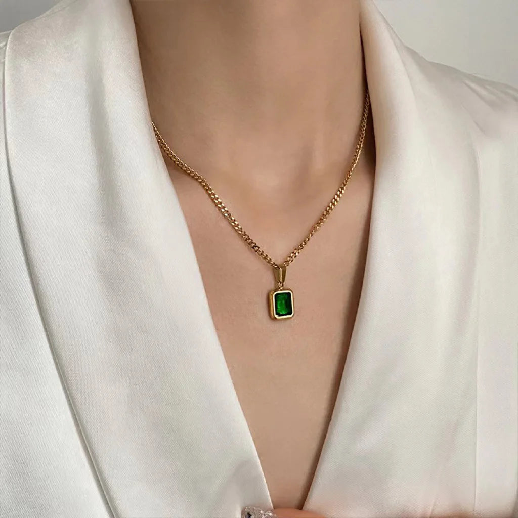 Gold-Plated Green Zircon Pendant Necklace