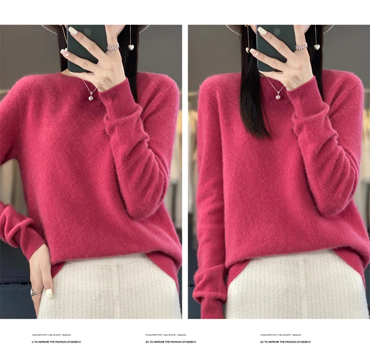 100% pure wool cashmere sweater women's O-neck pullover casual knit top autumn and winter women's coat Korean fashion