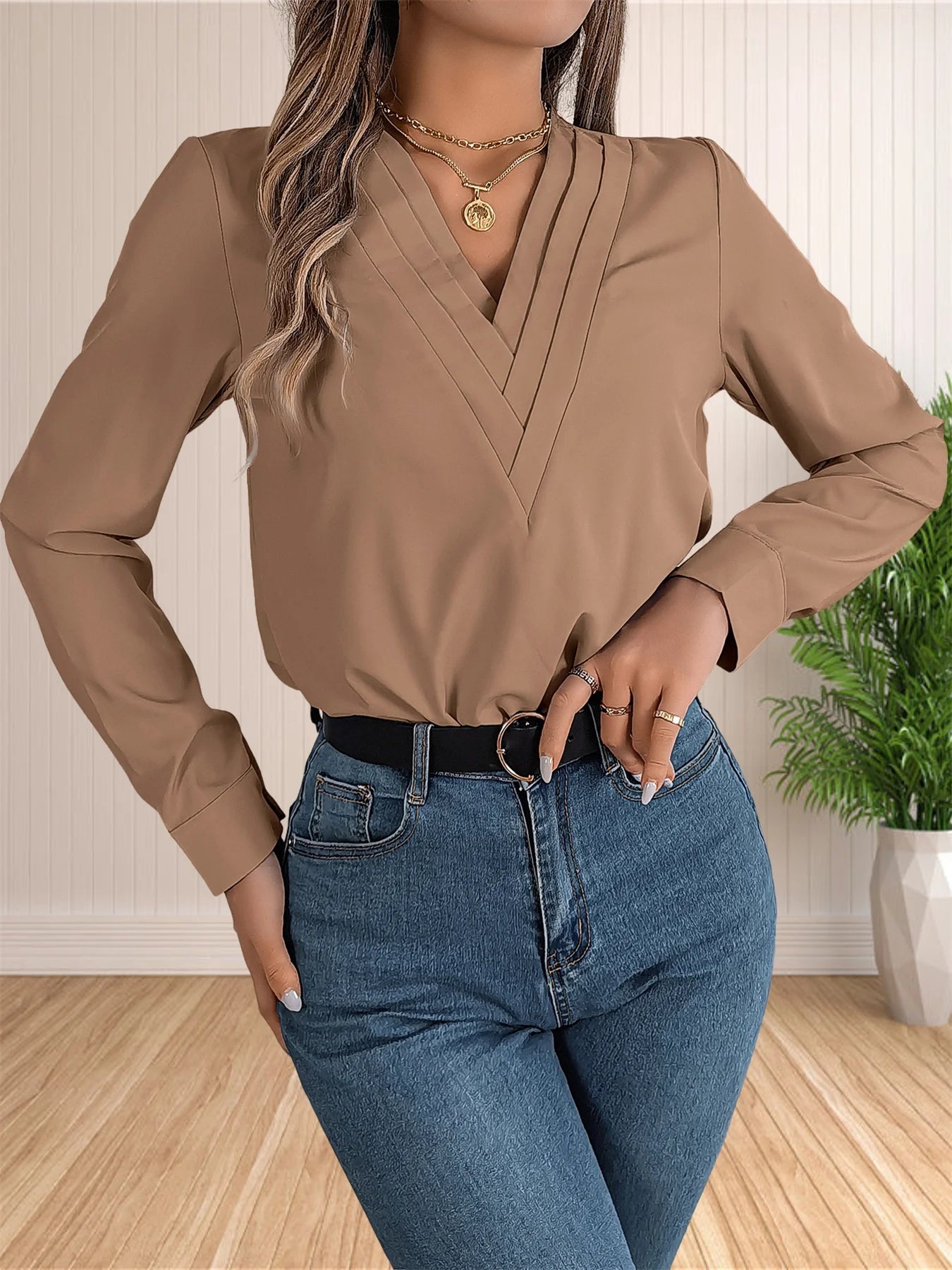 Women's Elegant Business Office Blouse Layered V Neck Long Sleeve 2024 Dressy Shirts Work Tops