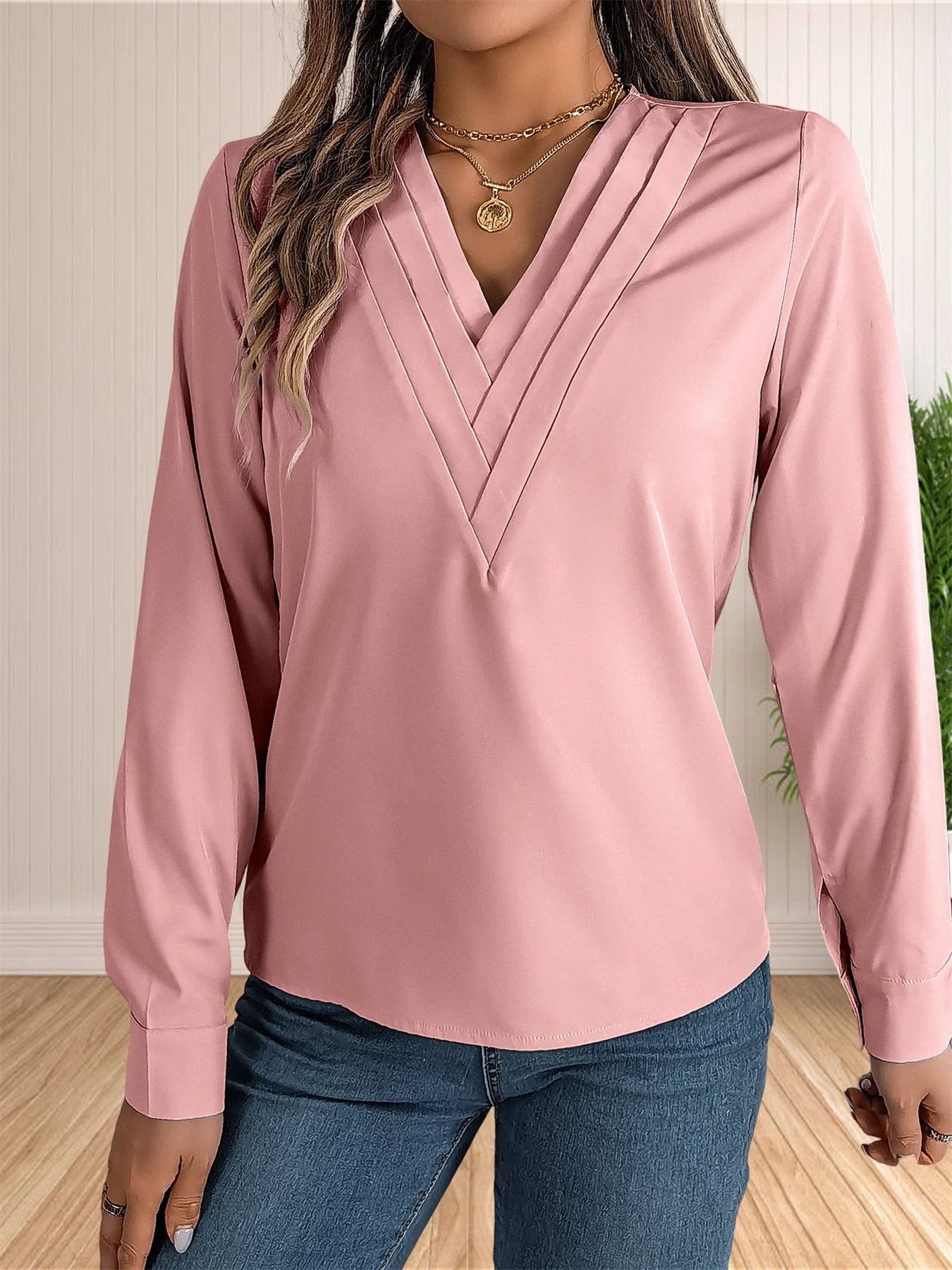 Women's Elegant Business Office Blouse Layered V Neck Long Sleeve 2024 Dressy Shirts Work Tops