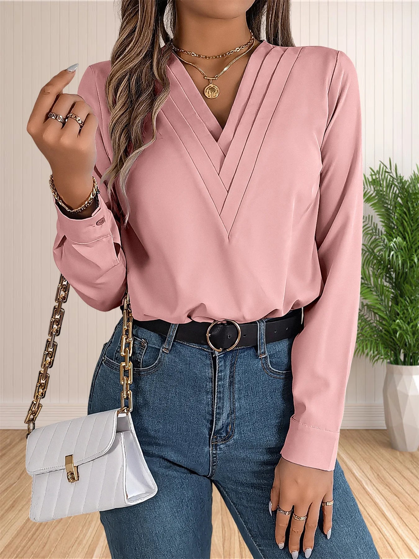 Women's Elegant Business Office Blouse Layered V Neck Long Sleeve 2024 Dressy Shirts Work Tops