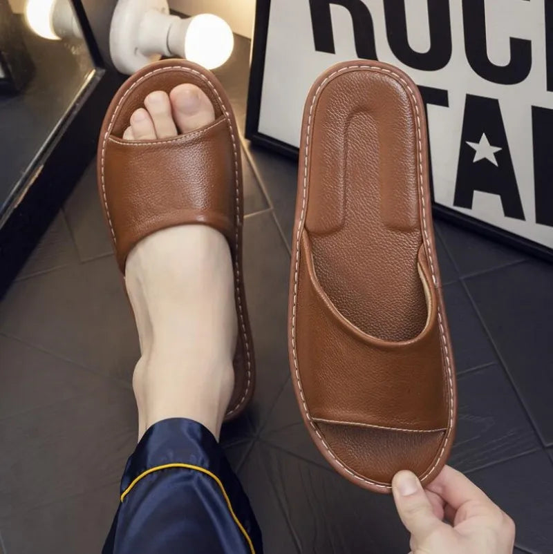 Genuine Leather Open-Toe Slippers