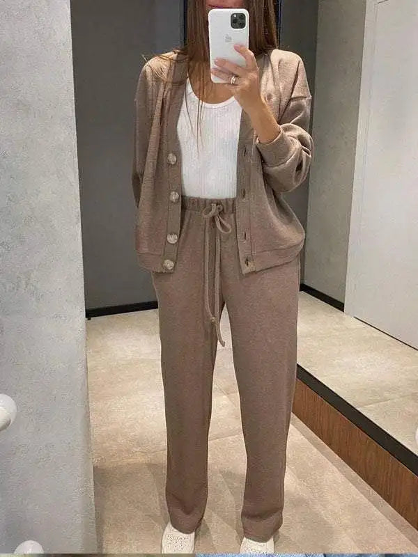 Autumn Winter Women's Clothing Fashion Single Breasted Casual Sports Suit Cardigan Top Lace Up Pants Two-piece Set Women