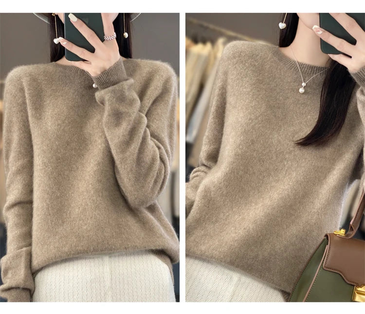 100% pure wool cashmere sweater women's O-neck pullover casual knit top autumn and winter women's coat Korean fashion