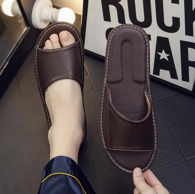 Genuine Leather Open-Toe Slippers