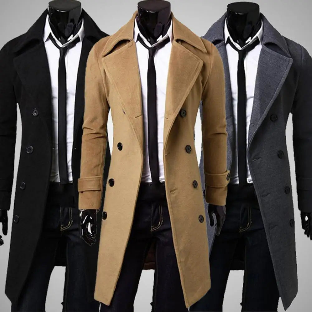 Simple Trench Coat  Double-breasted Male Men Coat  Coldproof Pure Color Jacket