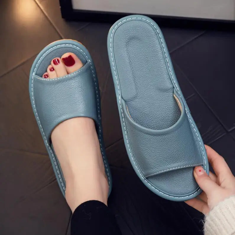 Genuine Leather Open-Toe Slippers