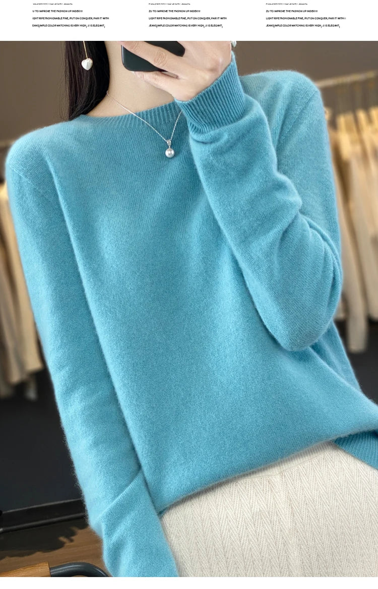 100% pure wool cashmere sweater women's O-neck pullover casual knit top autumn and winter women's coat Korean fashion