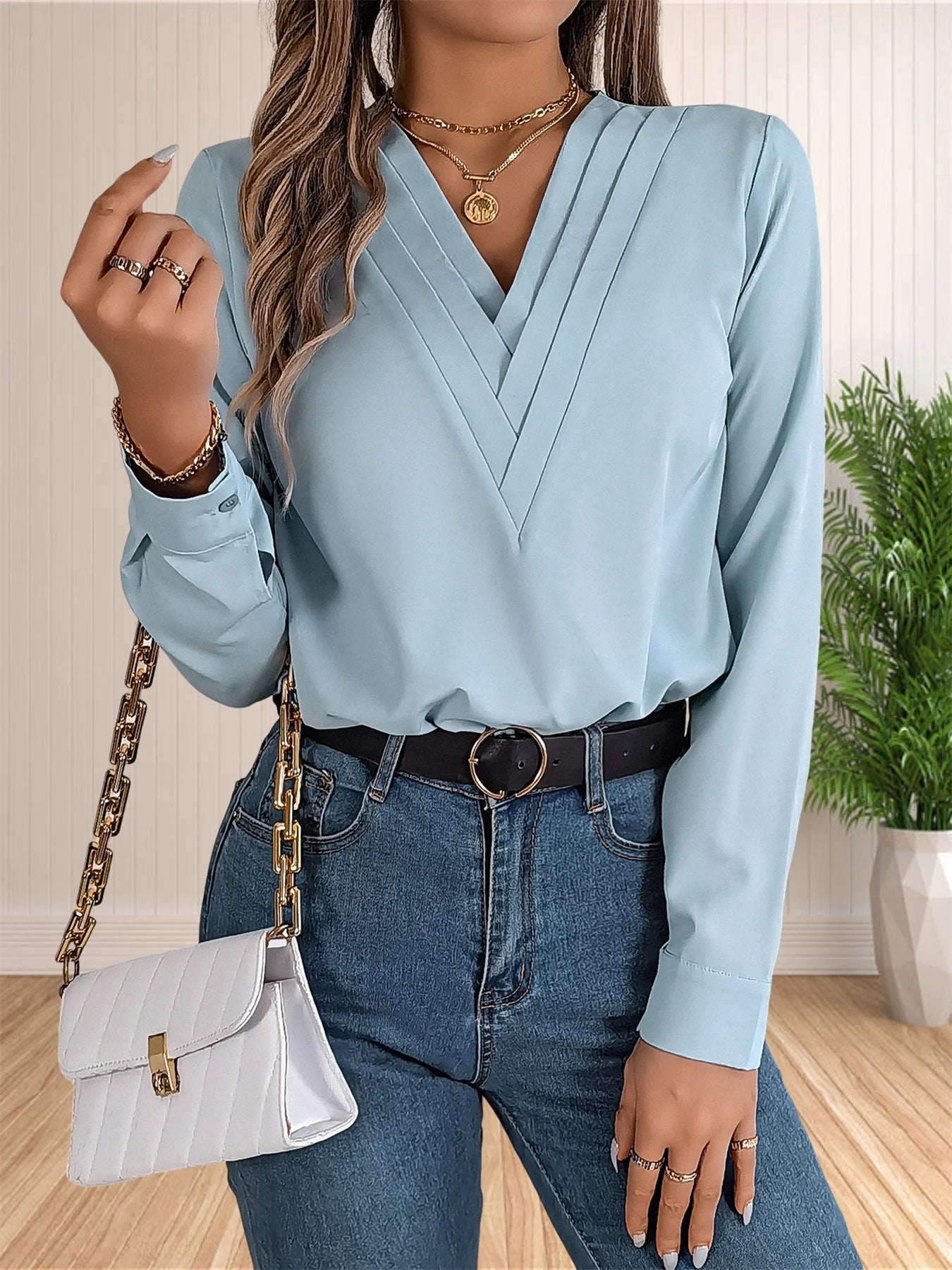 Women's Elegant Business Office Blouse Layered V Neck Long Sleeve 2024 Dressy Shirts Work Tops