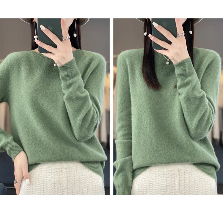 100% pure wool cashmere sweater women's O-neck pullover casual knit top autumn and winter women's coat Korean fashion