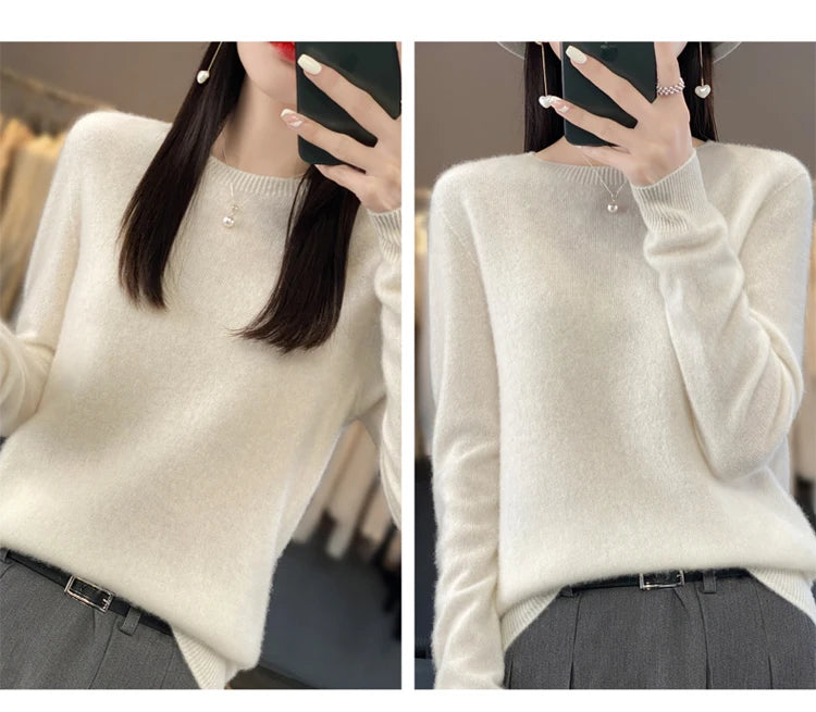 100% pure wool cashmere sweater women's O-neck pullover casual knit top autumn and winter women's coat Korean fashion